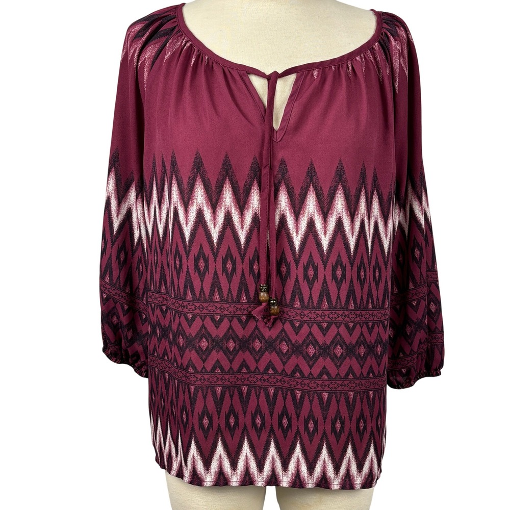 Jolt Boho Peasant‎ Top Women's Small Burgundy Tribal Tie Neck Lace Back
